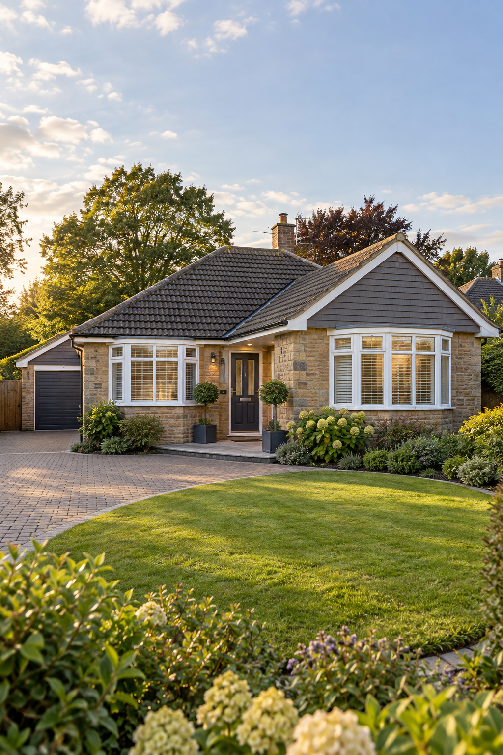 A high-quality detached UK bungalow with a well-maintained garden